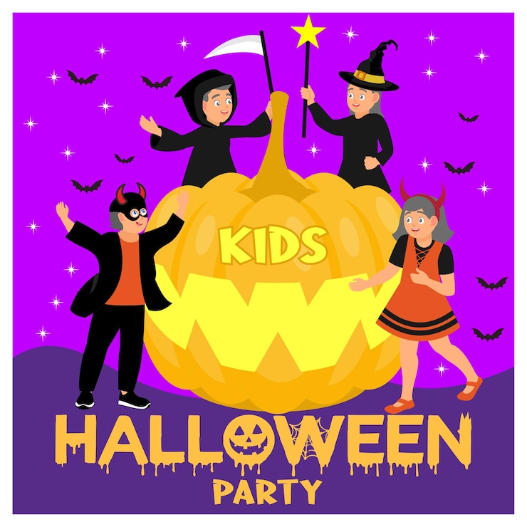 Vector fiesta de halloween para niños niños y niñas visten trajes de terror con calabazas y murciélagos concepto de fiesta de halloween ilustración vectorial plana