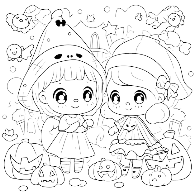 Fiesta de Halloween para niños página para colorear en blanco y negro para niños y adultos arte lineal estilo de dibujos animados simple feliz lindo y divertido