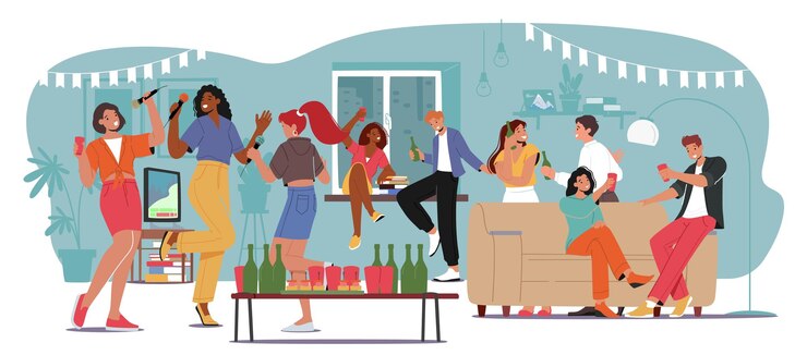 Vector fiesta en el hogar gente divertida reunión celebrar cumpleaños o empresa en la habitación hombres y mujeres jóvenes tintineo de vasos
