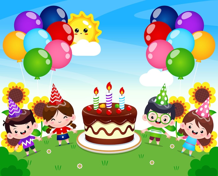 Vector fiesta infantil con gran pastel de cumpleaños