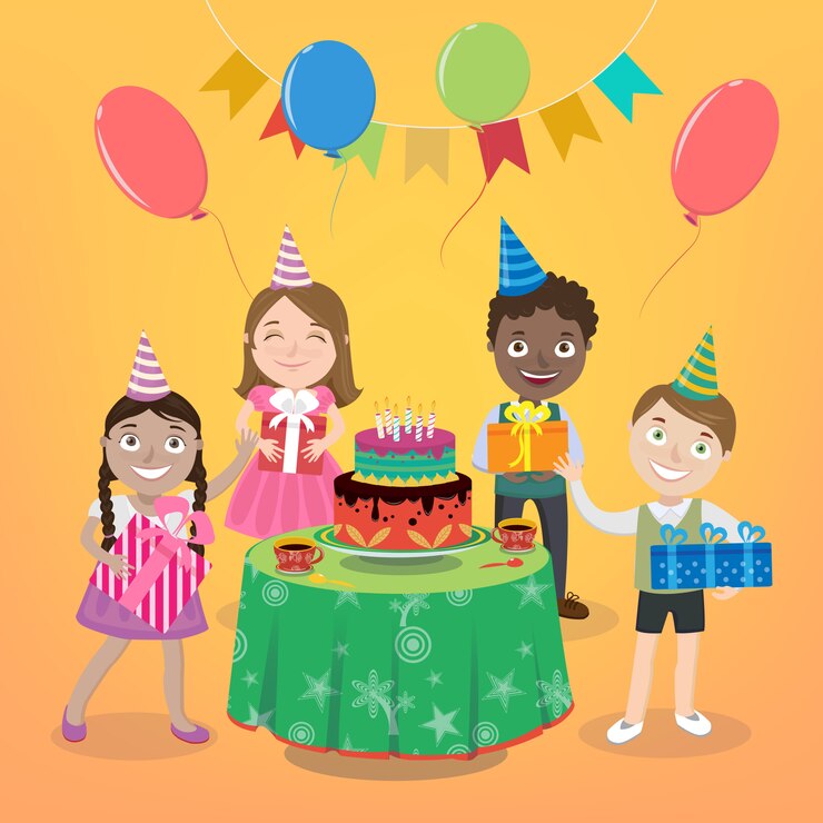Vector fiesta infantil con niños y niñas felices, pastel y globos.