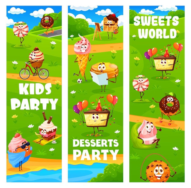 Fiesta infantil personajes de postres de dibujos animados en pradera