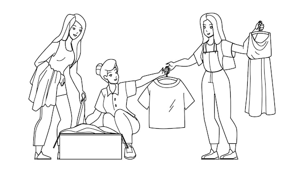Fiesta de intercambio de ropa disfrutando del vector de mujeres jóvenes
