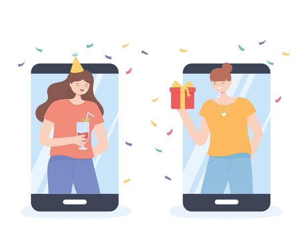 Fiesta en línea, chicas conectadas con dispositivos celebrando la reunión ilustración de vector de cumpleaños