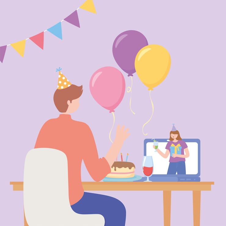 Vector fiesta en línea, hombre conectado por internet con celebración de mujer con pastel