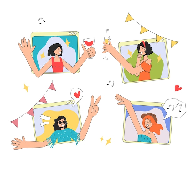 Fiesta en línea tres chicas se comunican y se divierten en una videollamada el concepto de descanso y celebración ilustración de stock vectorial en estilo plano sobre fondo blanco