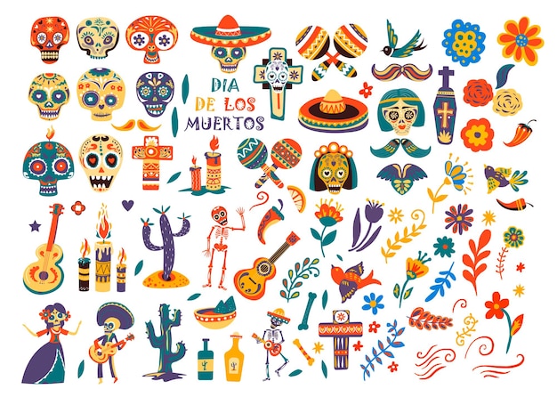 Vector fiesta mexicana del día de muertos, calaveras aisladas y sombrero