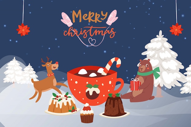 Fiesta de Navidad en el bosque de invierno con renos de dibujos animados, oso en bufanda y tortas de Navidad, dulces y una taza de chocolate caliente.