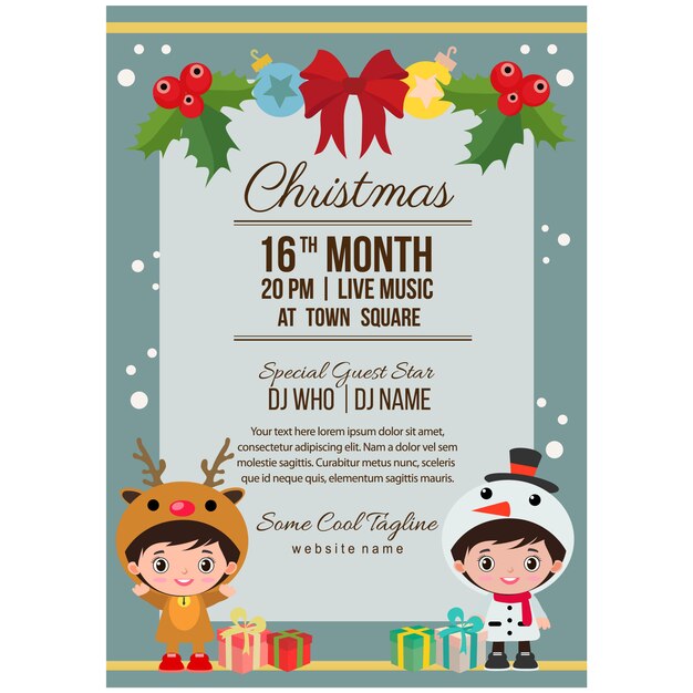 Fiesta de Navidad cartel disfraz niños reno muñeco de nieve plantilla