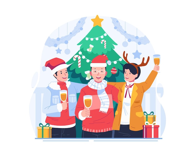 Vector fiesta de navidad y celebración de año nuevo con personas con trajes de invierno junto al árbol de navidad