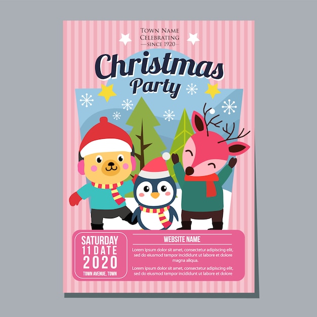 Fiesta de navidad festival vacaciones cartel plantilla perro pingüino ciervo