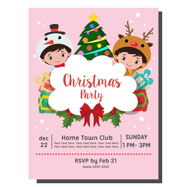 Fiesta de Navidad invitación tarjeta niños disfraz reno y muñeco de nieve