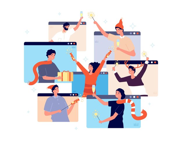 Fiesta de Navidad online. Gente celebrando el año nuevo, amigos felices en el chat de video. Hombre mujer con ilustración de vector de regalo de confeti de champán. Celebración de fiestas en línea, la gente llama y celebra