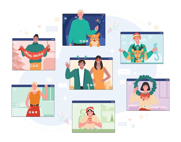 Fiesta de Navidad online. Personajes adultos jóvenes con celebración navideña