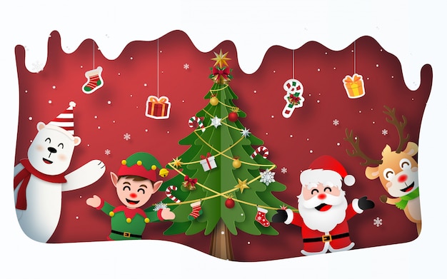 Fiesta de Navidad con Papá Noel y árbol de Navidad y personaje