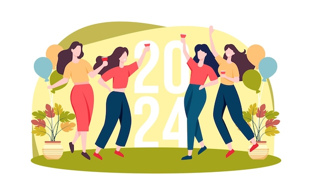 fiesta de niñas para celebrar el año nuevo 2024 ilustración plana para el evento de año nuevo