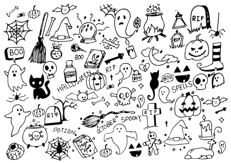 La fiesta de la noche de Halloween se establece en el contorno de garabateo para la decoración o el coloreo