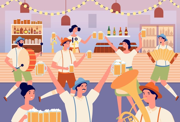 Vector fiesta de oktoberfest. dibujos animados de mujer bailando, fiesta tradicional bávara en la barra de cerveza. músicos y bailarines, personas con tazas ilustración vectorial. baviera fiesta tradicional, músico de carácter alemán