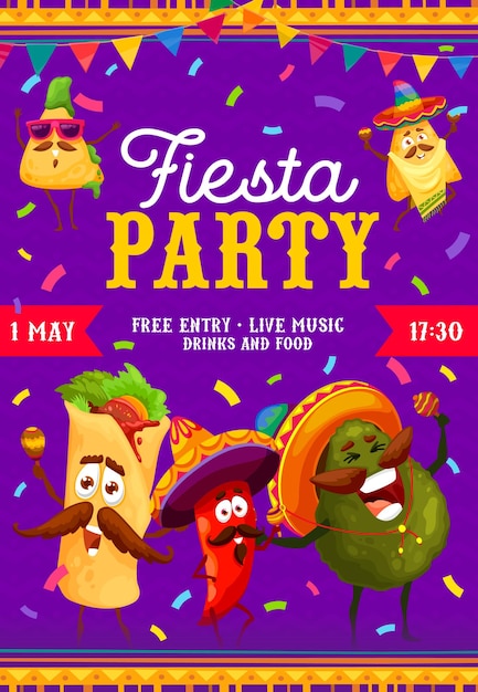 Vector fiesta party flyer dibujos animados personajes de comida mexicana