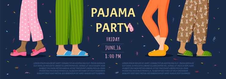 Vector fiesta de pijama noche de pijama de chica invitación divertida con pantalones de pijama fiesta de moda infantil con almohadas piernas en zapatillas celebración de cumpleaños evento de pijamas banner de invitación vectorial
