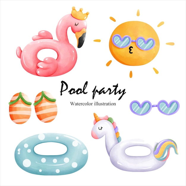 Fiesta en la piscina de acuarela con ilustración vectorial inflable