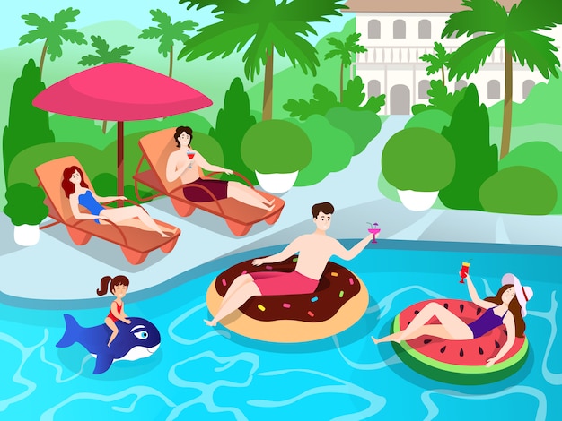 Fiesta en la piscina para familiares y amigos en el resort de villa de lujo, ilustración de vacaciones de verano