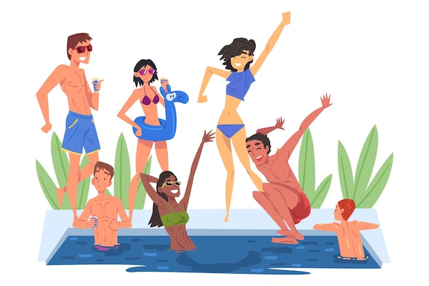 Vector fiesta en la piscina hombres y mujeres jóvenes felices divirtiéndose al aire libre disfrutando de las vacaciones de verano ilustración vectorial al estilo de dibujos animados