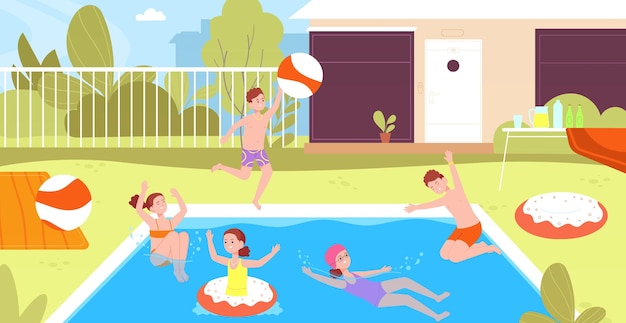 Vector fiesta en la piscina para niños amigos de los niños saltan a la piscina nadar en el agua o bajo el agua niño y niña jugando a la pelota en el patio trasero de verano flotando en un vector inflable ilustración de la actividad de la fiesta nadar