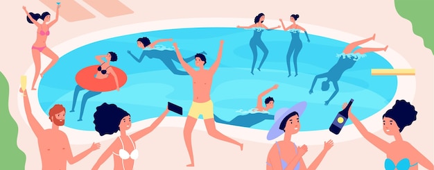 Fiesta de piscina. vacaciones de verano, amigos de dibujos animados se divierten reuniéndose. niño niña bebiendo, bailando nadando juntos, concepto de vector absoluto de club de agua