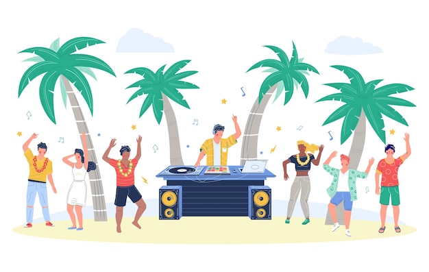 Fiesta en la playa con DJ tocando música disco ilustración vectorial plana Hombre y mujer felices personajes de dibujos animados bailando a la música en la playa y divirtiéndose Viaje de verano Vacaciones tropicales Amistad