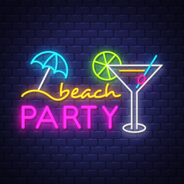 Fiesta en la playa. Letras de letrero de neón de vacaciones de verano tropical