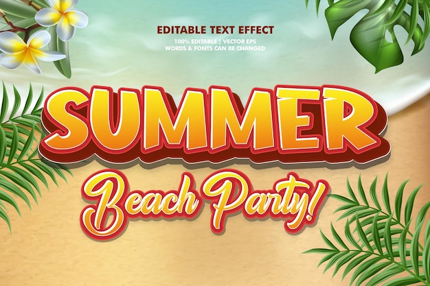 Fiesta en la playa de verano Efecto de texto vectorial Diseño de efecto de texto editable tema de verano