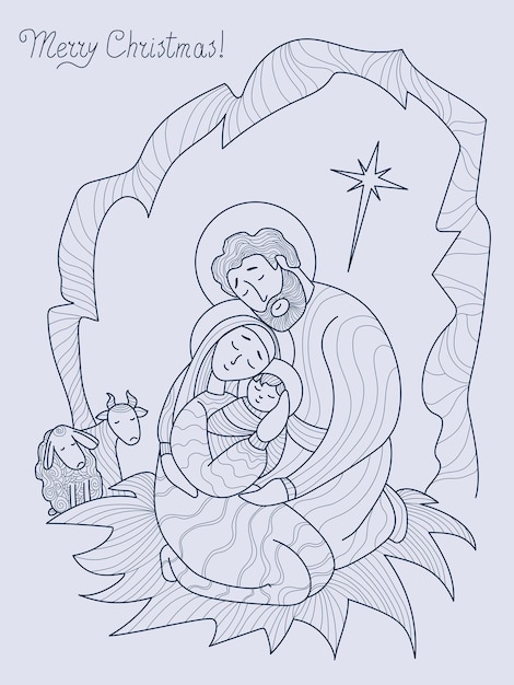 Fiesta religiosa de Navidad. Virgen María y José ph y bebé Jesucristo Línea dibujo a mano