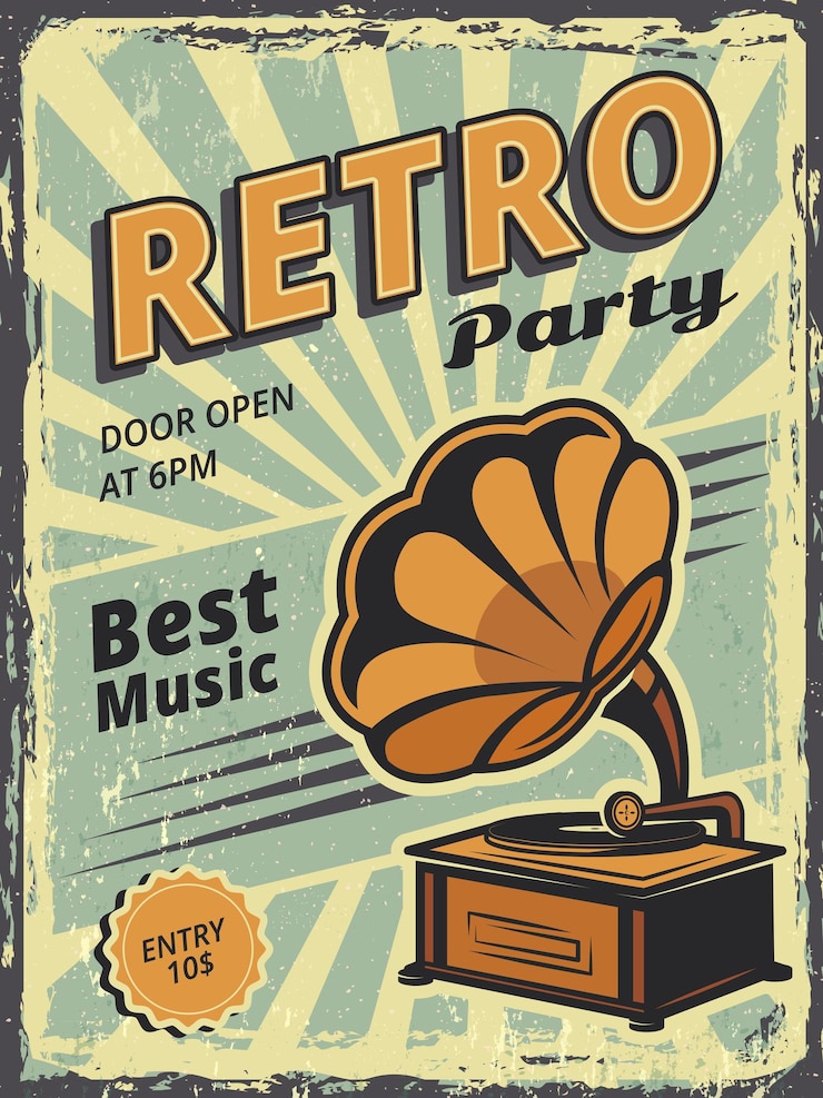 Vector fiesta retro. cartel de invitación con gramófono y discos de vinilo cartel de vector de música