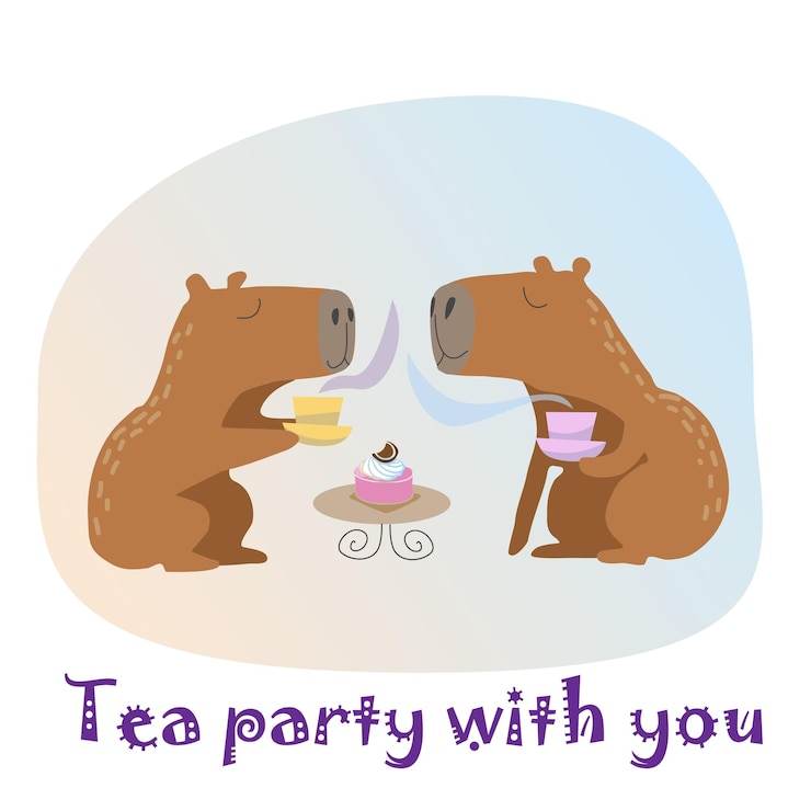 Vector fiesta del té contigo tarjeta de felicitación con lindas capibaras enamoradas