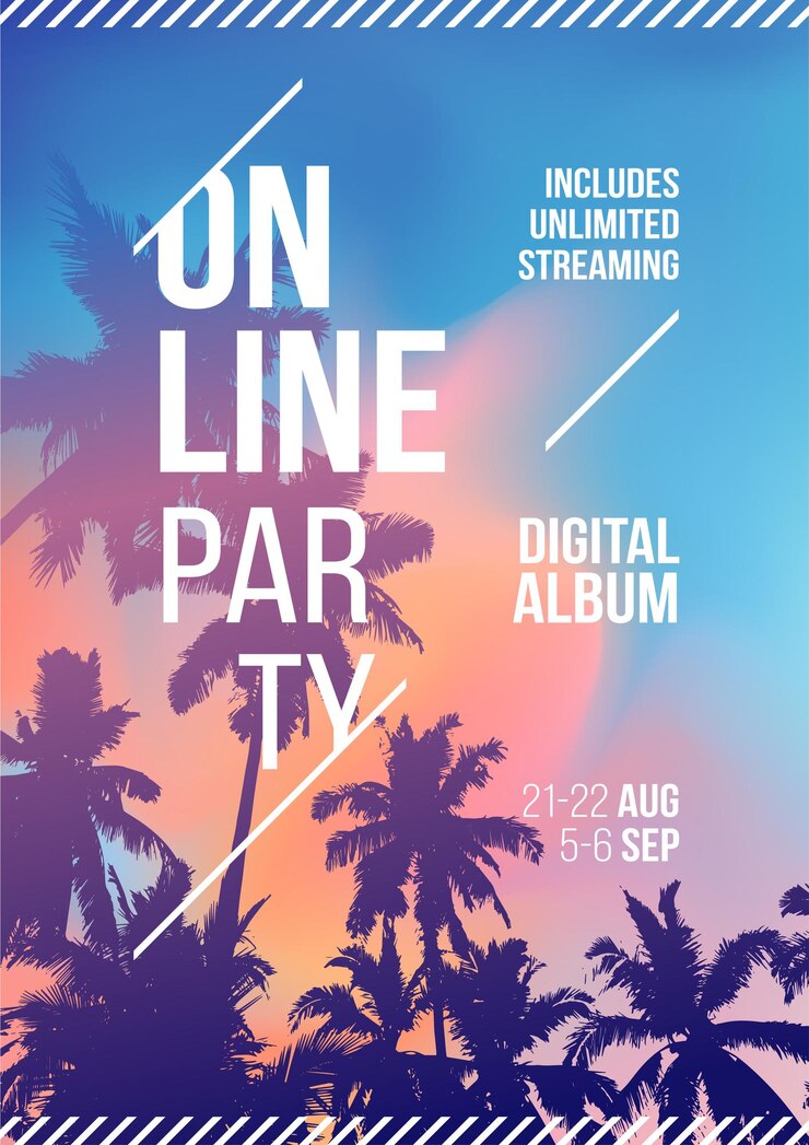 Fiesta de transmisión en línea. Palmera sobre fondo tropical al atardecer. Plantilla A4. Cartel creativo del partido del fondo de la palmera. Eventos como música en directo
