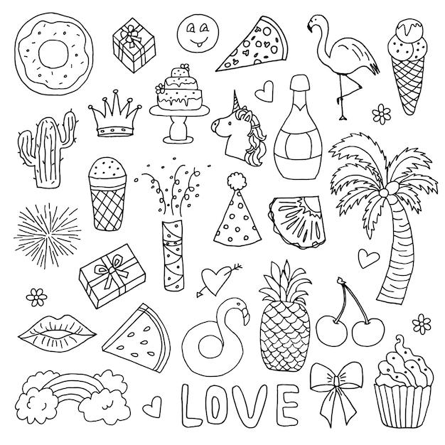 Fiesta de verano ambientada en estilo doodle Ilustración dibujada a mano Fiesta de cumpleaños celebración festividad