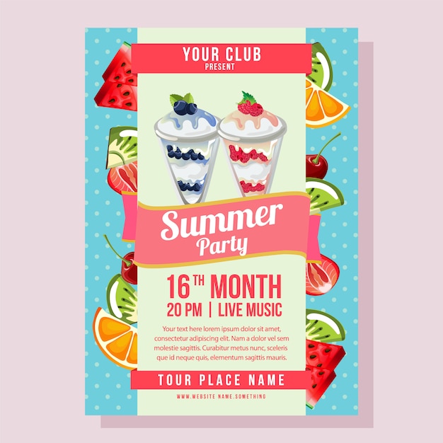 Fiesta de verano con cartel con fondo de polkadot, ilustración de playa de frutas