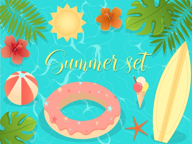 Fiesta de verano, Conjunto de verano, playa, mar con arena, surf, pelota de playa, sol, flores exóticas, donu flotante