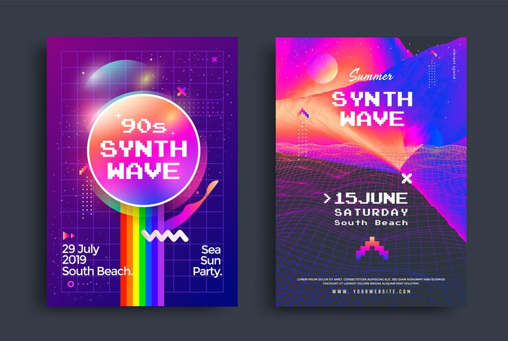Vector fiesta de verano synthwave conjunto de carteles con onda de cuadrícula. neón de música electrónica