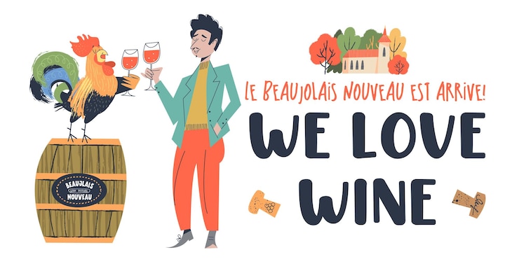 Vector fiesta del vino. amamos el vino. beaujolais nouveau ha llegado. ilustración de vector, banner para una fiesta del vino tradicional. un gallo con una copa de vino. un hombre con una copa de vino.