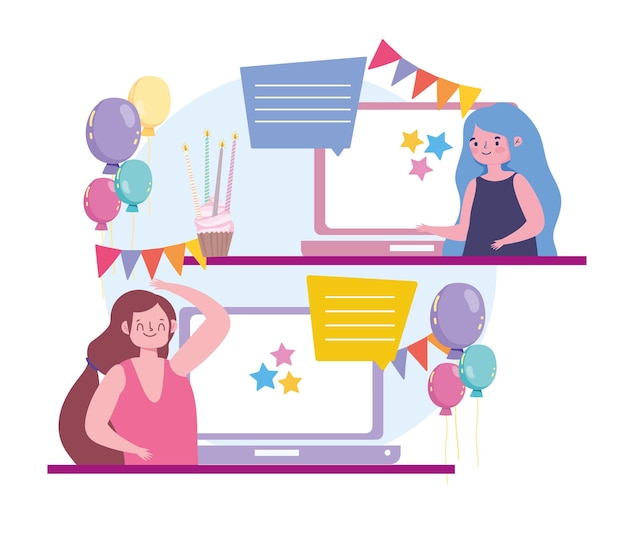 Fiesta virtual, chat en línea de mujeres usando la ilustración de la aplicación de video