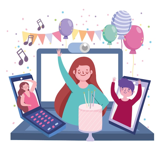 Fiesta virtual, personas en dispositivos de pantalla celebrando cumpleaños ilustración