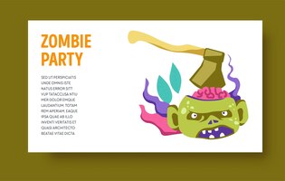 Vector fiesta de zombis monstruo de vacaciones de halloween con hacha en el cerebro