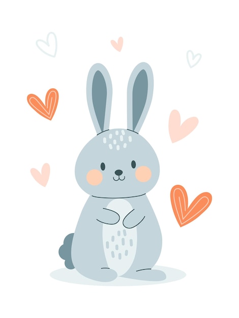 Fiestas de Pascua Diseño de fiestas de cumpleaños Conejo lindo gris en corazones aislados sobre fondo blanco