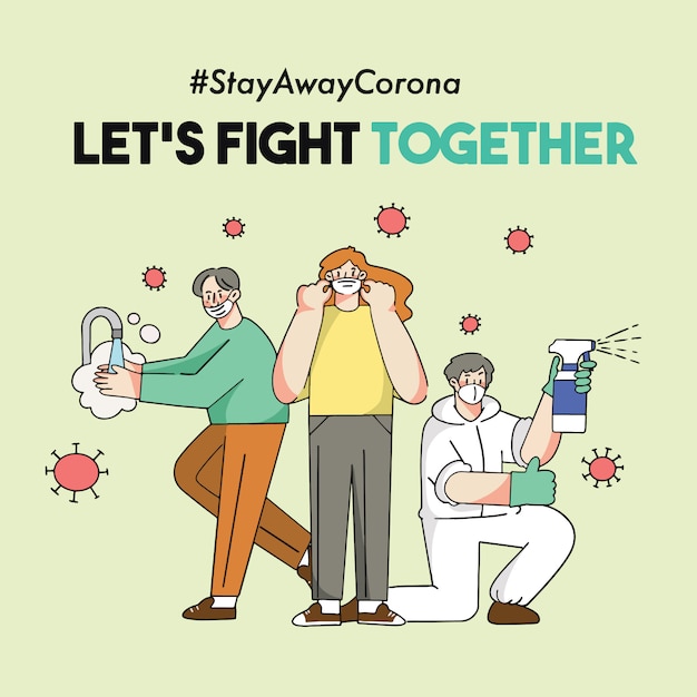 Fight corona together ii covid-19 doodle illustration campaña de seguridad