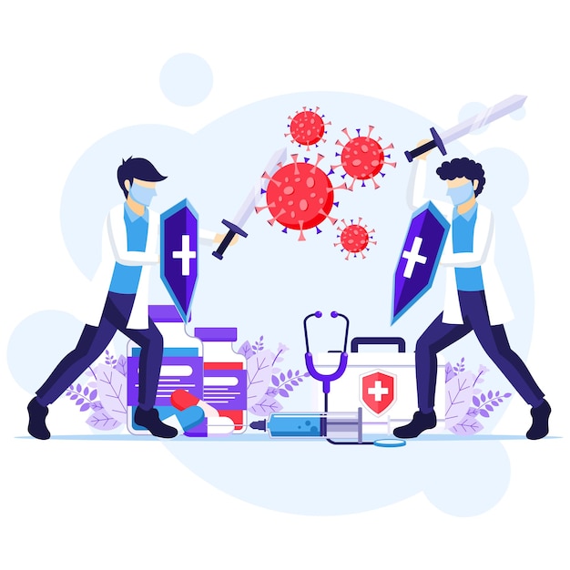Fight the Virus Concept, el médico y las enfermeras usan espada y escudo para combatir la ilustración del coronavirus Covid-19