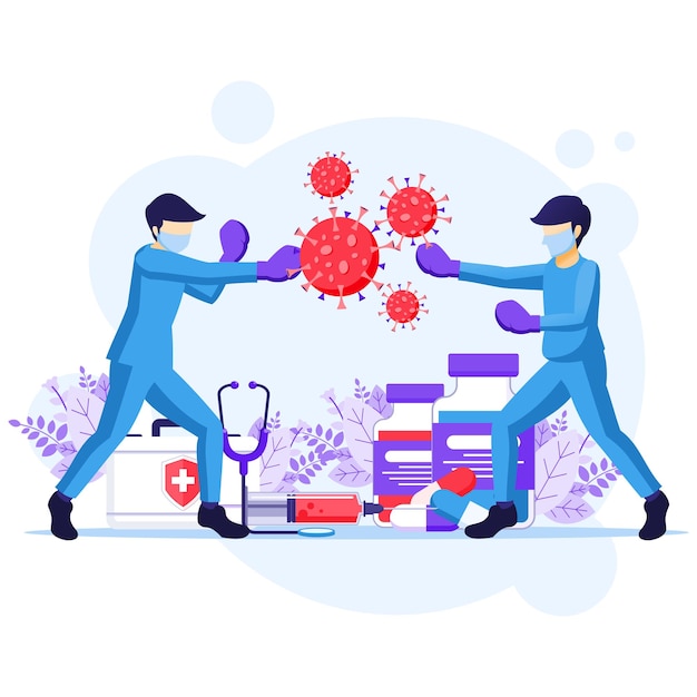 Fight the Virus Concept, el médico y las enfermeras usan guantes de boxeo para perforar la ilustración de células de coronavirus COVID-19