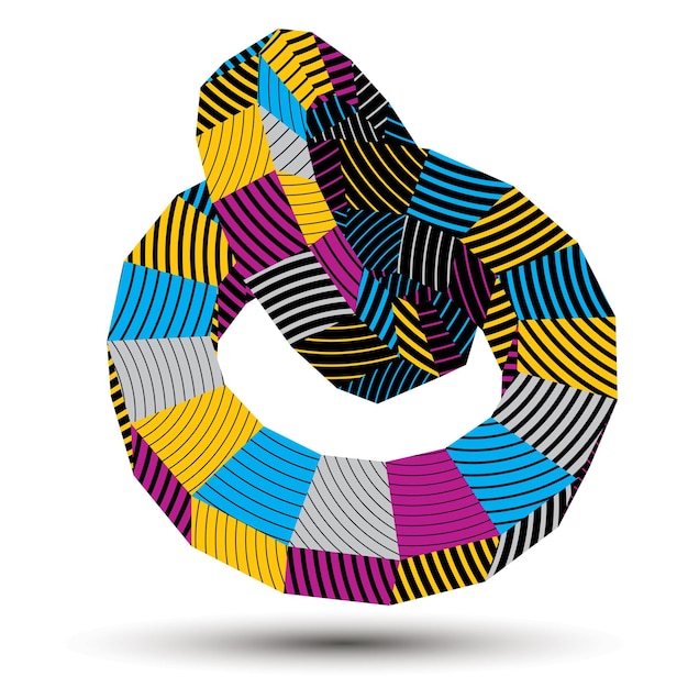 Figura 3d complicada vectorial, forma de estilo de tecnología digital moderna. Objeto tridimensional brillante a rayas abstracto.