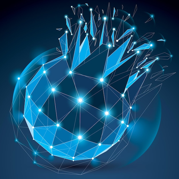 Figura azul radiante facetada 3d abstracta con puntos y líneas negras conectadas. Elemento de diseño destrozado de baja poli vectorial con fragmentos y partículas. Efecto de explosión, círculos de lentes.